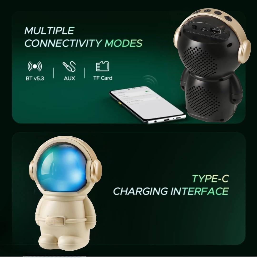 Astronaut Bluetooth Speaker – Wireless Portable Spaceman Music Player with LED Night Light – Mini Desktop Decor for Kids, Teens, and Space Lovers