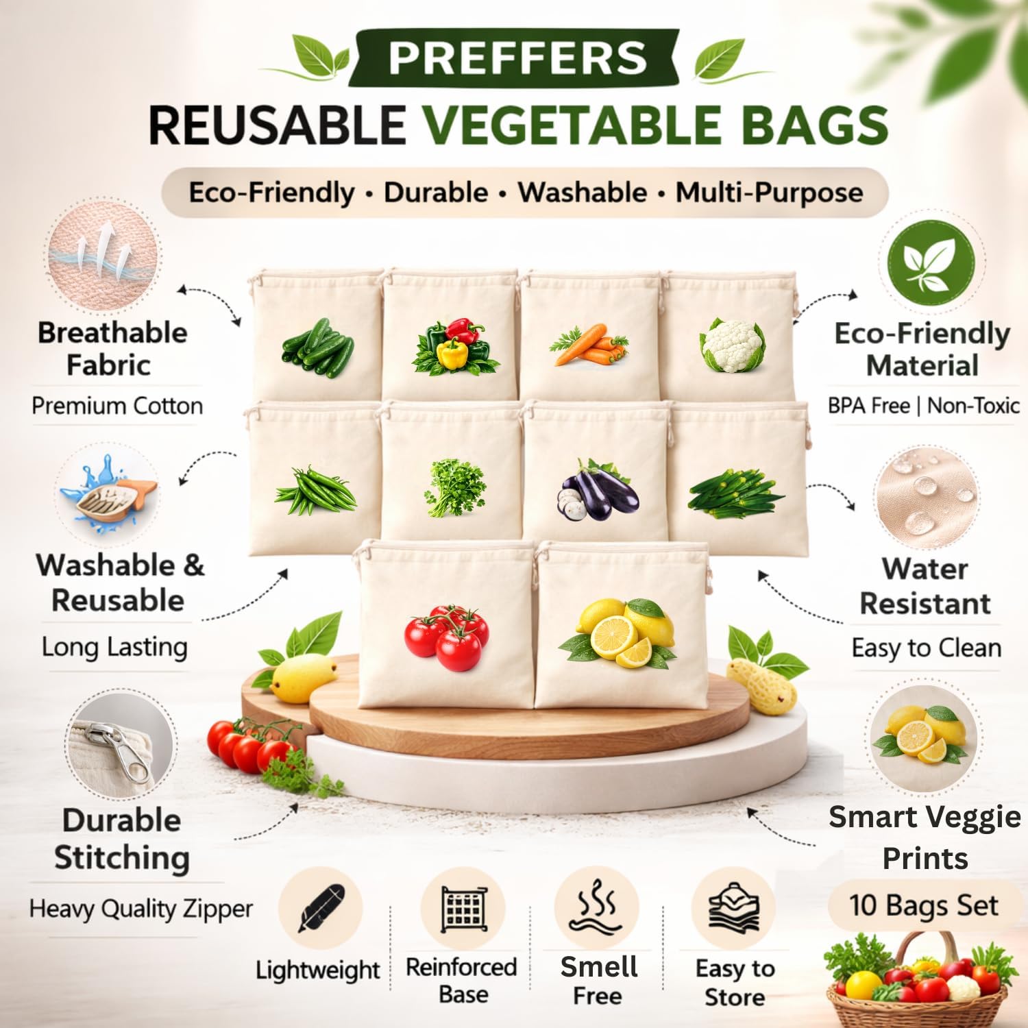 Reusable Fridge Storage Bags – Pack of 10 Cotton Fruit & Vegetable Organizer Pouches