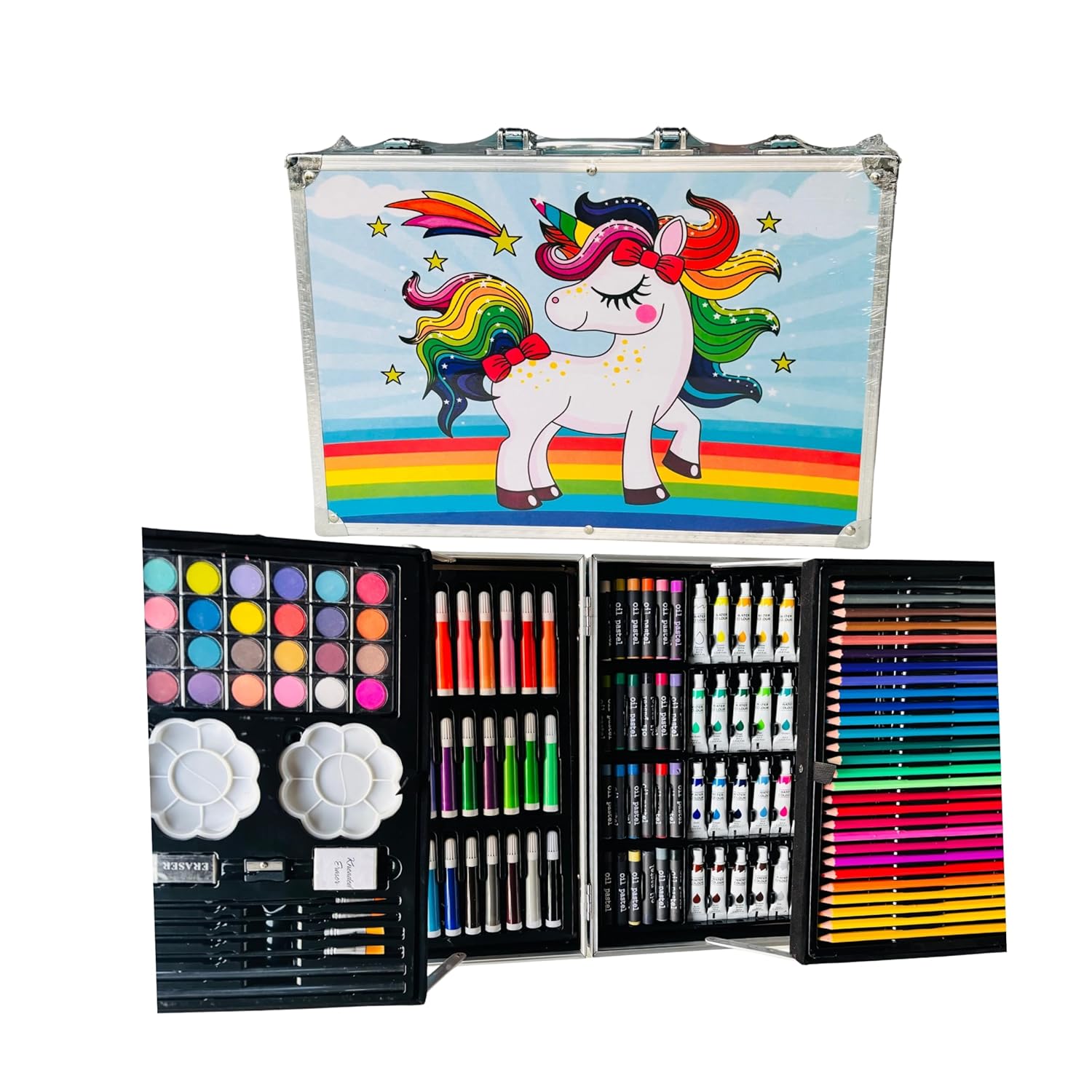 145 Pieces Drawing Kit with Colour Pencils, Oil Pastels, Paint Brushes, Unicorn Theme Art Set