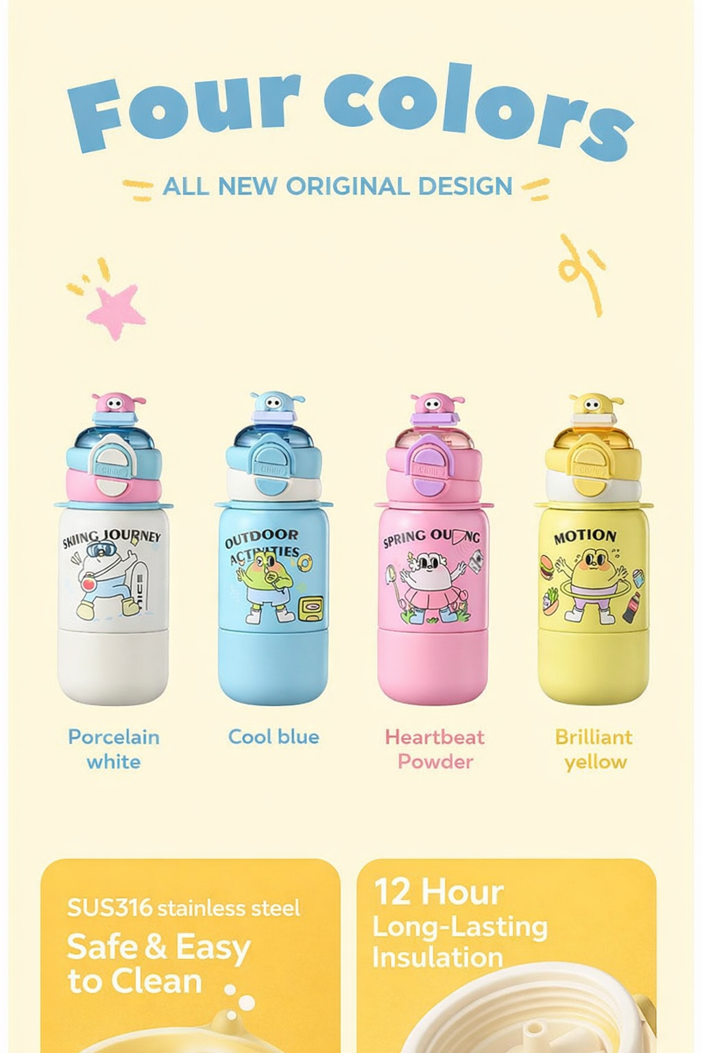 Cute Insulated Kids Water Bottle – Available in Four Fun Colors (Porcelain White, Cool Blue, Heartbeat Pink & Brilliant Yellow)