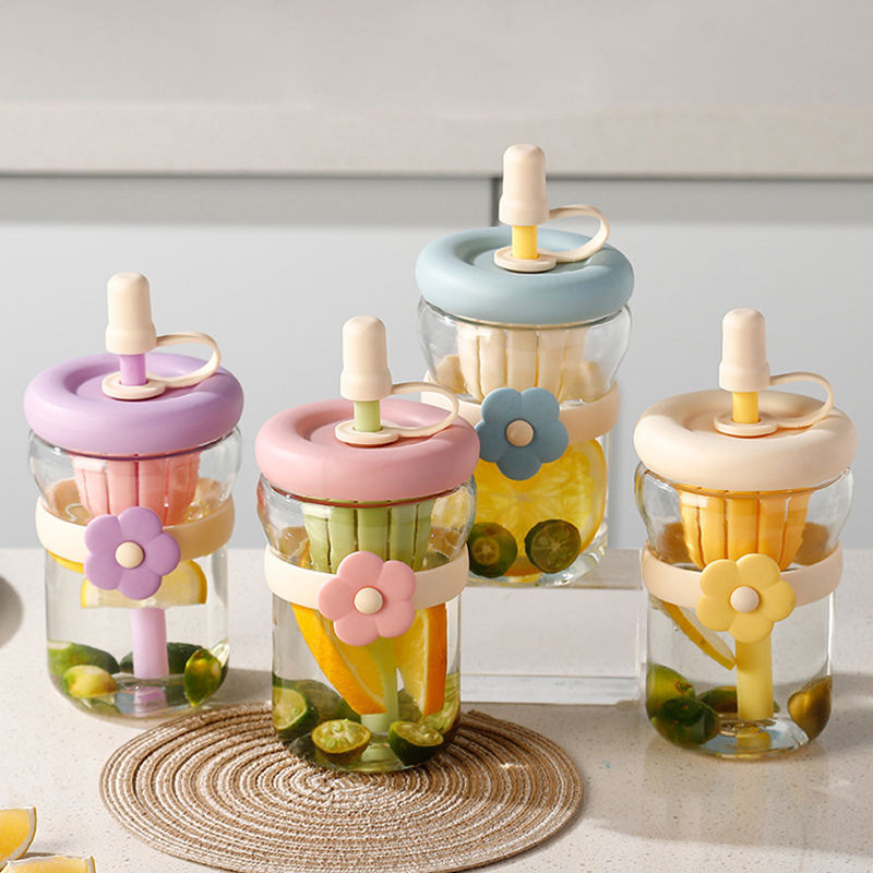 🌸 Cute Flower Glass Tumbler with Straw