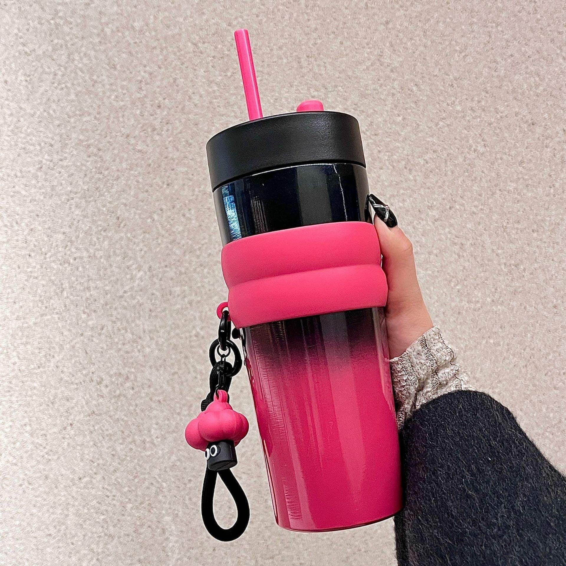 710ML Travel Stainless Steel Vacuum Insulated Coffee Mug with Straw, Handgrip & Leak-Proof Lid
