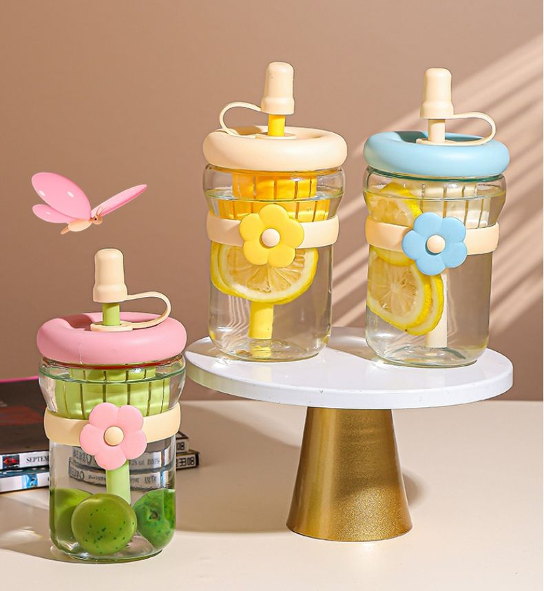 🌸 Cute Flower Glass Tumbler with Straw