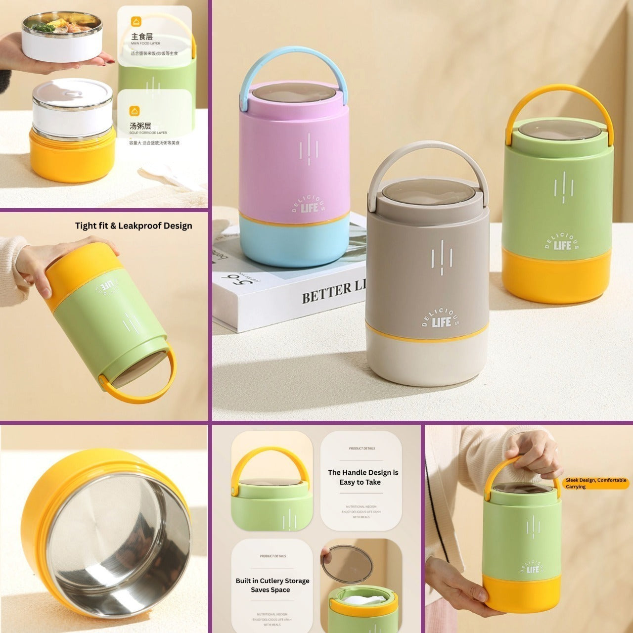 Quirk Stainless Steel Insulated Lunch Box - 900ml Three-Layer Portable Bento Box with Lid for Office Workers & Students