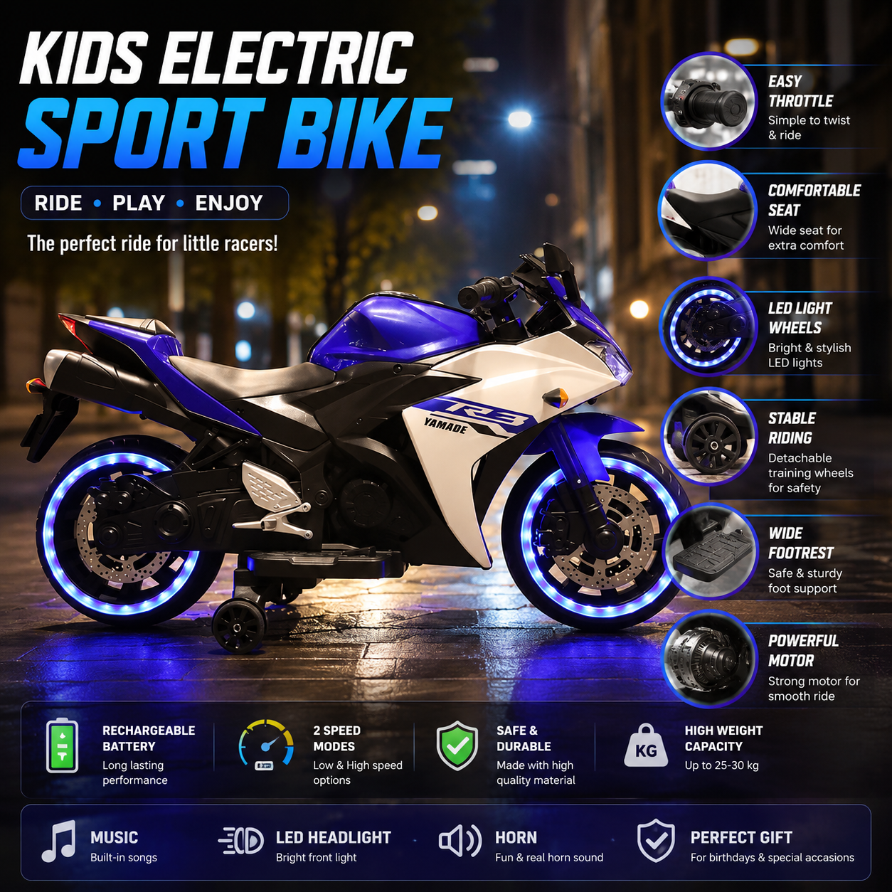 Kids Electric Ride-On Sports Bike with LED Lights & Training Wheels