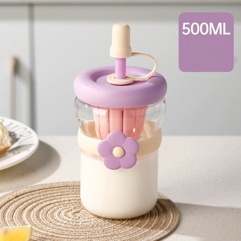 🌸 Cute Flower Glass Tumbler with Straw