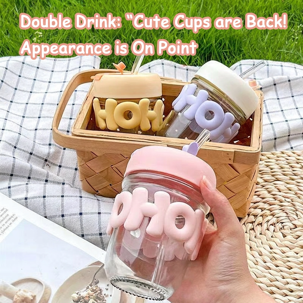 Cute Bubble Letter Glass Tumbler with Straw (Pack Of 2)
