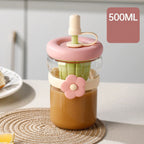 🌸 Cute Flower Glass Tumbler with Straw
