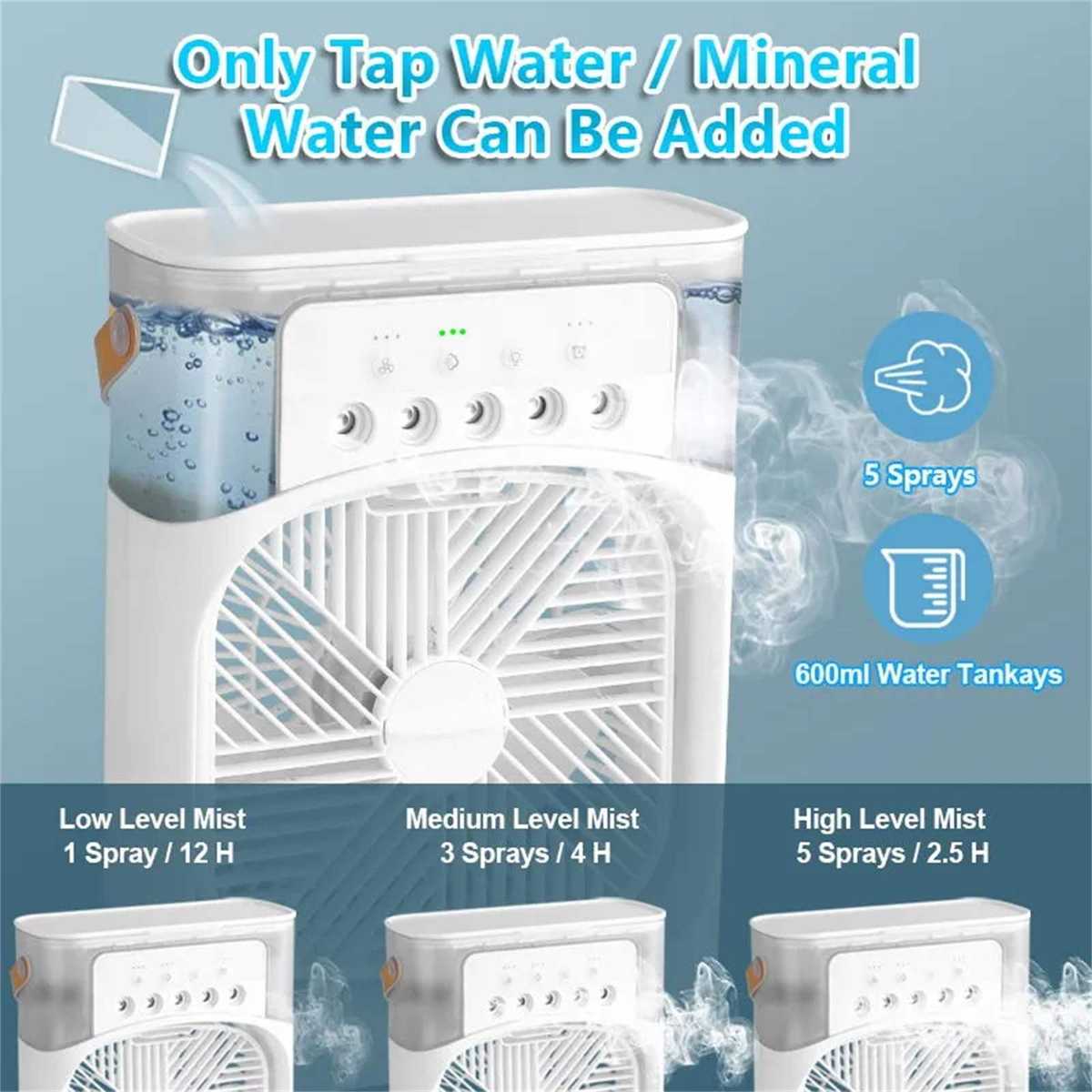 Portable USB Mini Air Cooler Fan with Water Mist & LED Light