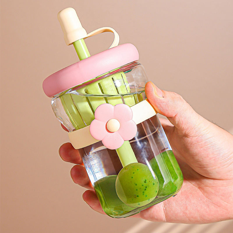 🌸 Cute Flower Glass Tumbler with Straw