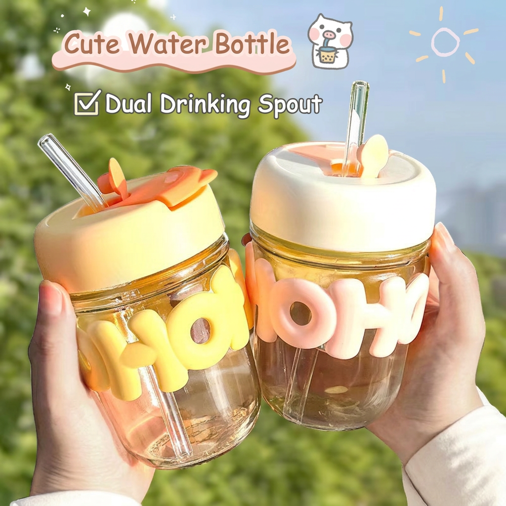 Cute Bubble Letter Glass Tumbler with Straw (Pack Of 2)