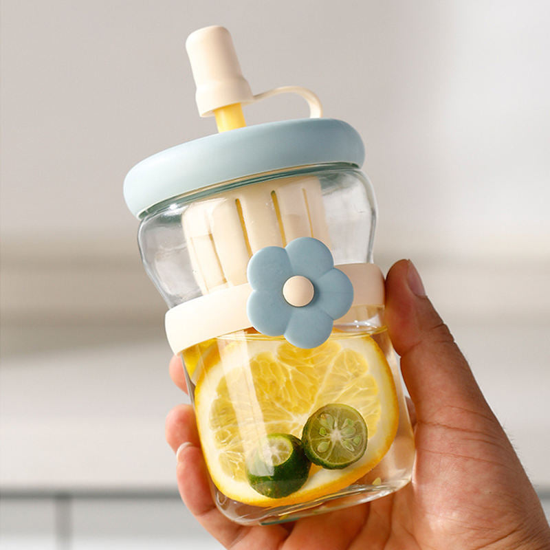 🌸 Cute Flower Glass Tumbler with Straw
